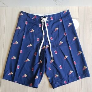 Made In Paradise Board Shorts Mens 32 Blue Pizza Beer‎ Novelty Swim Trunks